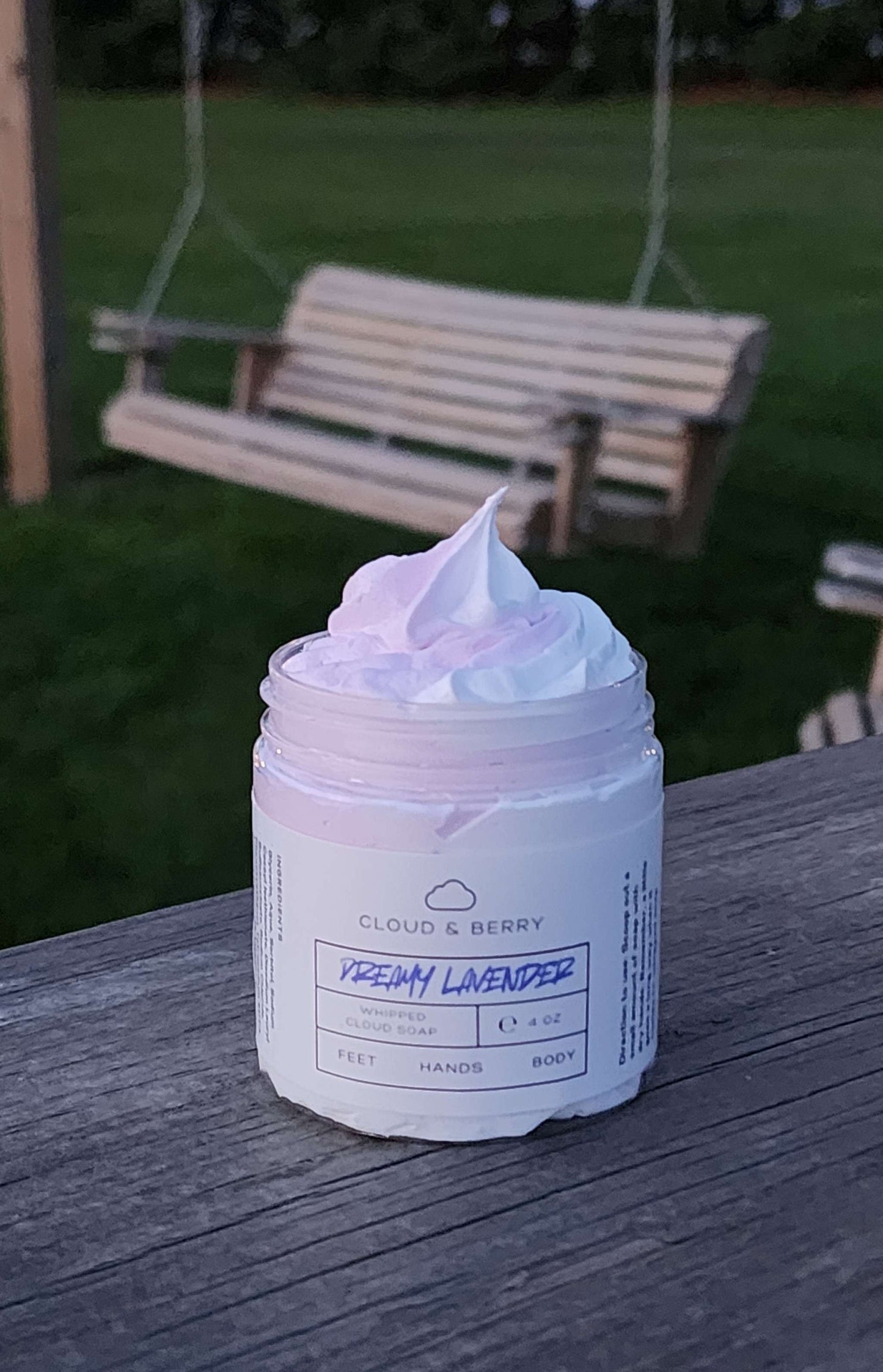 dreamy lavender whipped cloud soap with Lilac/white colored swirls