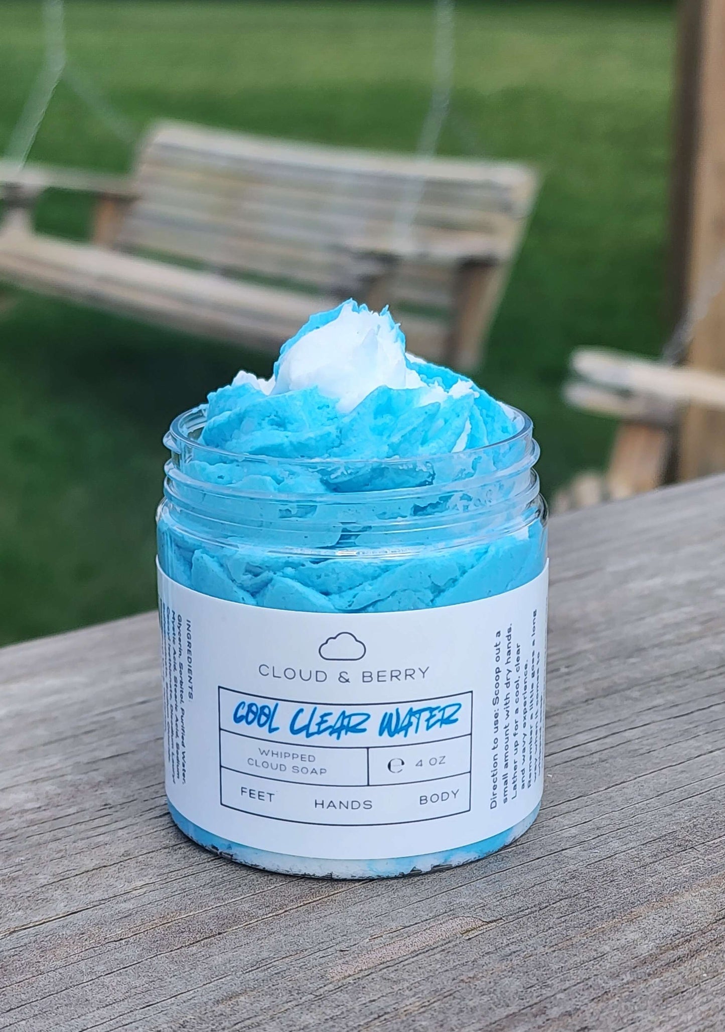 cool clear water whipped soap with blue-white swirls.