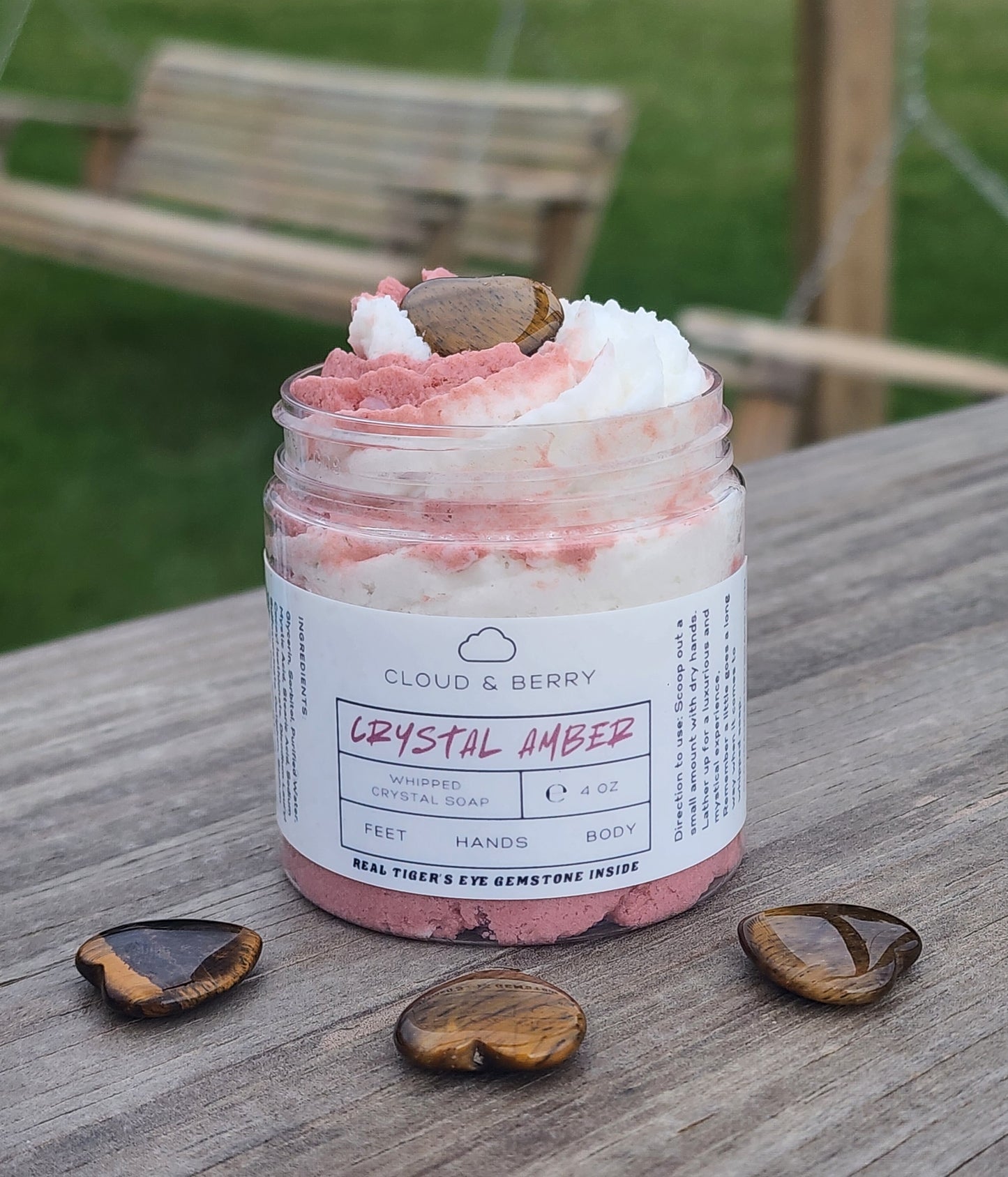 Crystal Amber whipped soap, with amber-white swirls with Tigers eye gemstone.