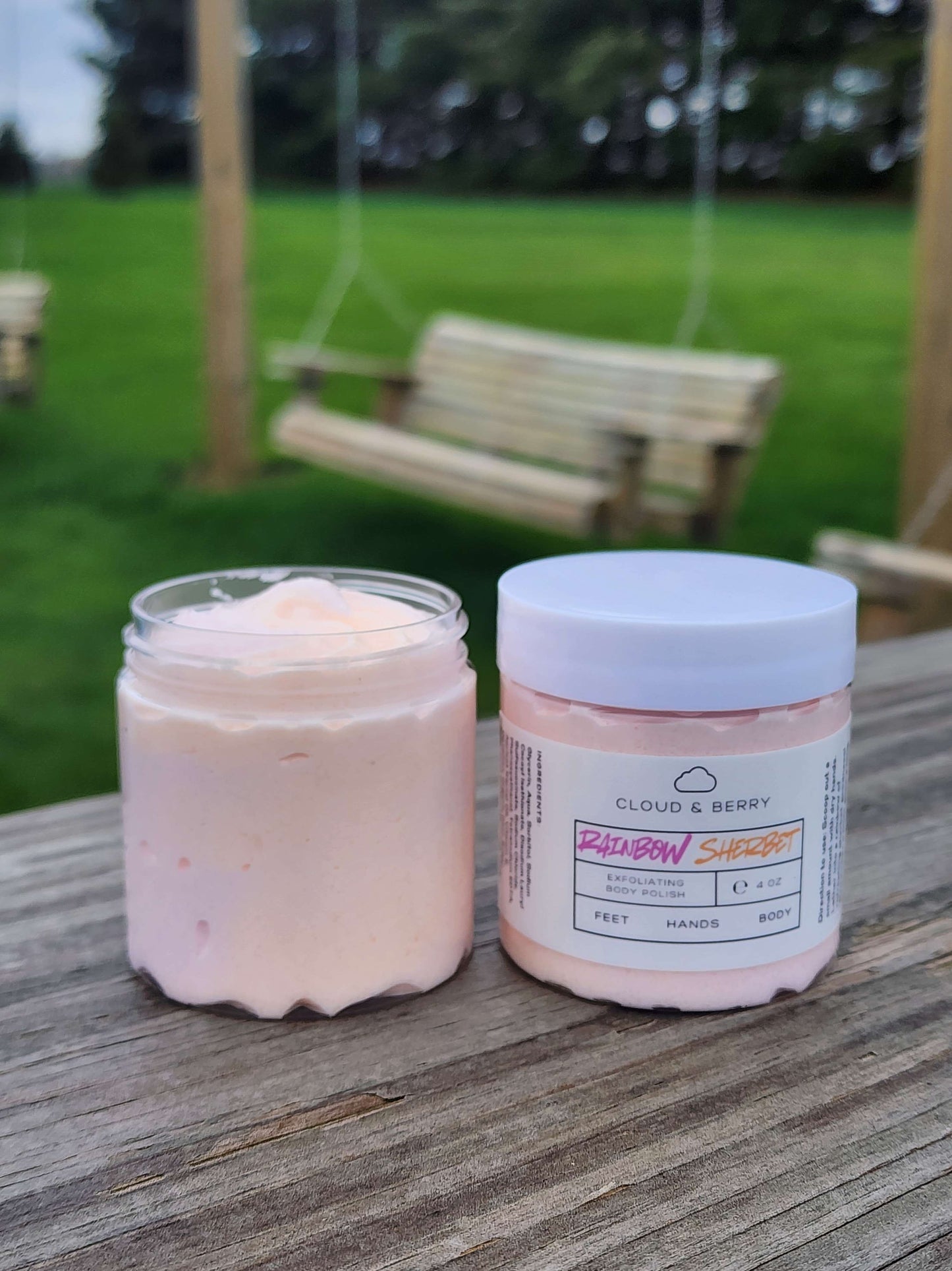 exfoliating body polish with light orange and pink swirls