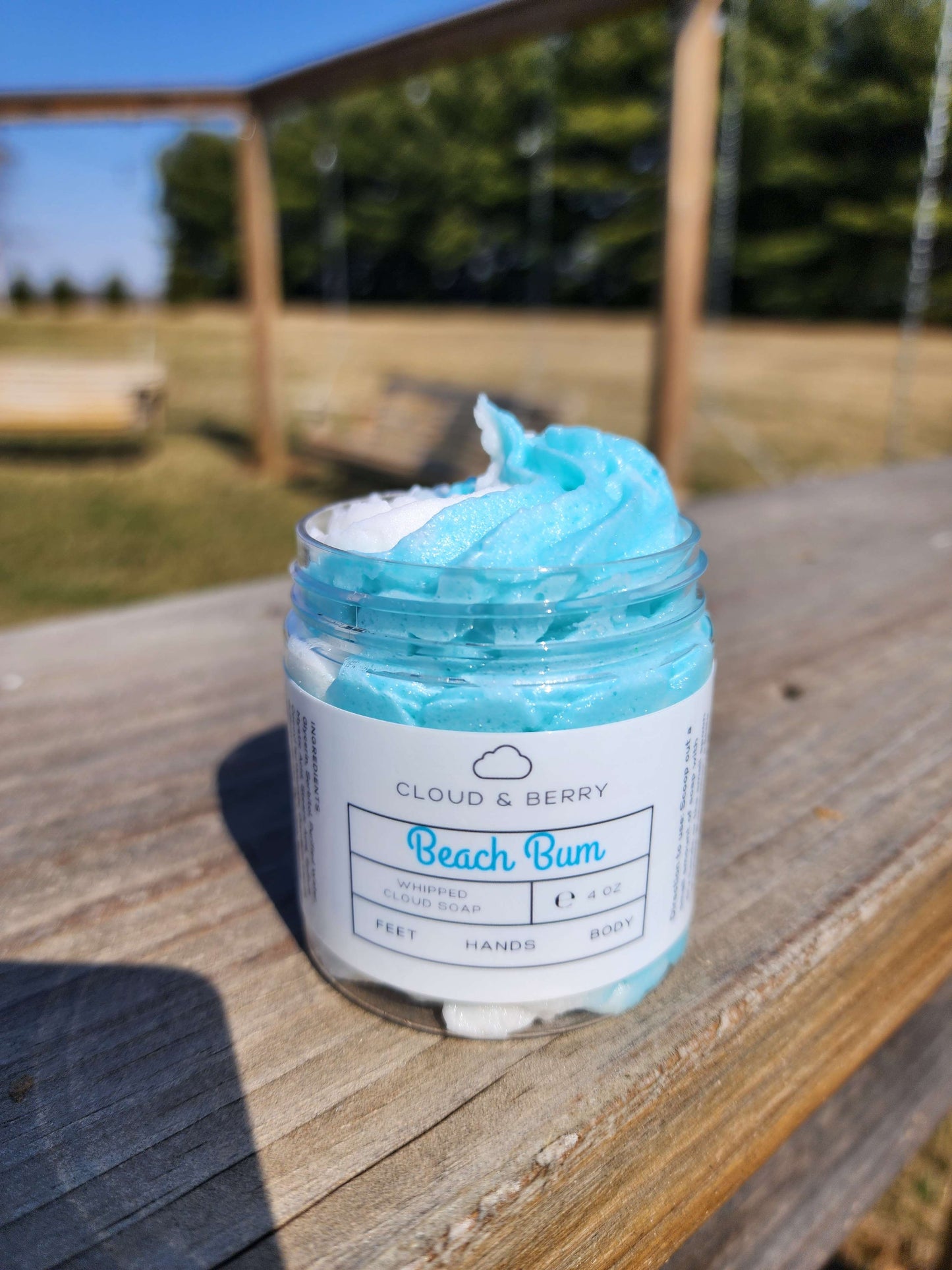 Beach Bum whipped soap with blue-white swirls.