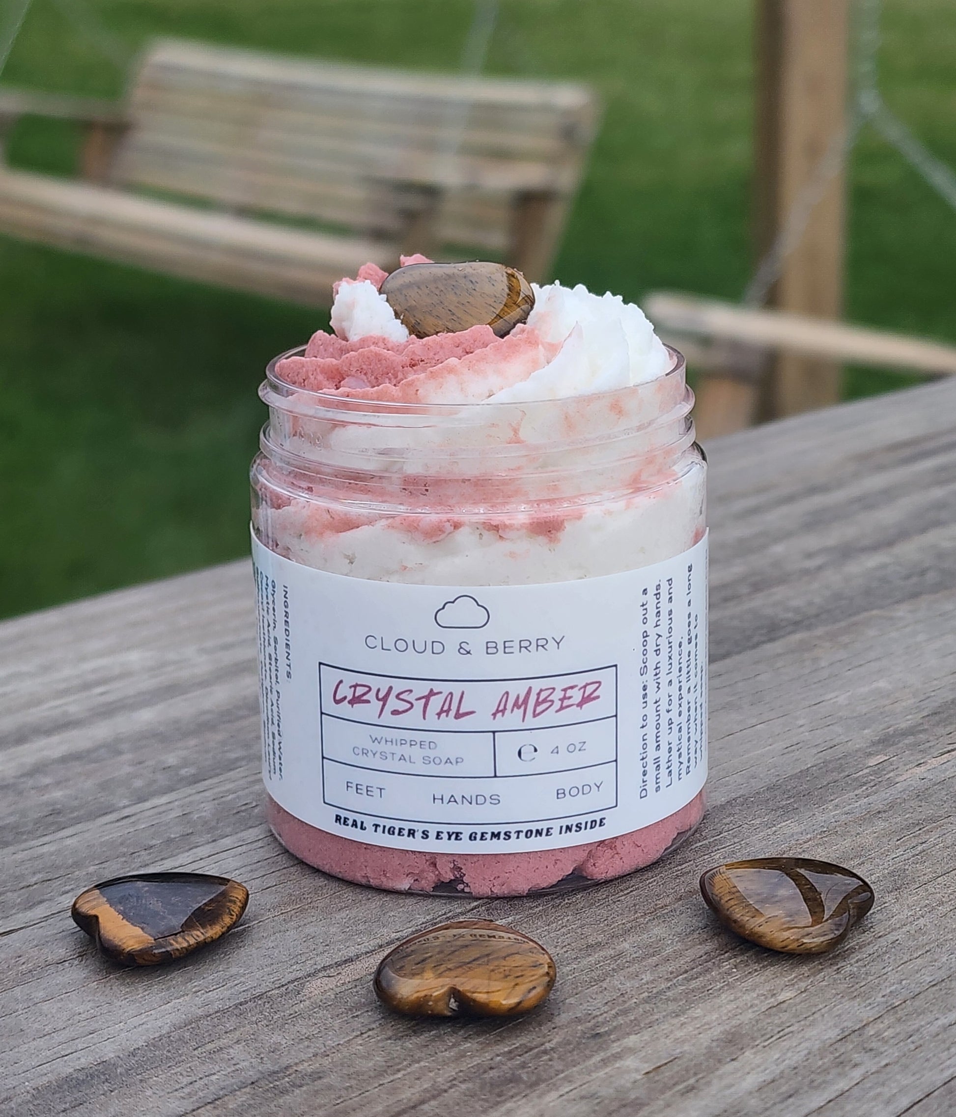 Crystal Amber whipped soap, with amber-white swirls with Tigers eye gemstone.